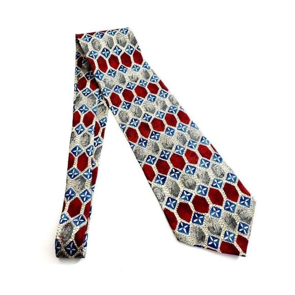 Preswick & Moore Tan Red Blue Geometric Print Wide Silk Tie - Picture 5 of 5